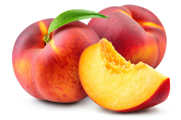 Peach isolate. Peach with slice on white background. Full depth of field. With clipping path.